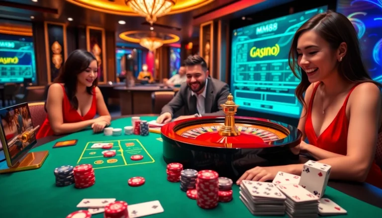 MM88 players enjoying a dynamic online gambling experience at a vibrant casino table.