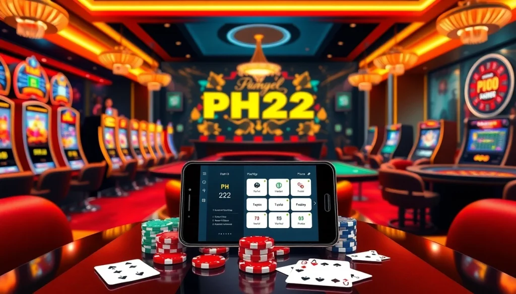 Engaging casino scene featuring the PH22 mobile app among vibrant gaming elements.