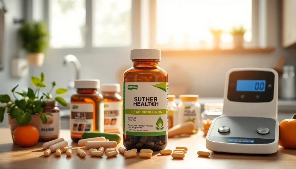 キッチンのカウンターに葉酸サプリメントが置かれている画像。健康とウェルネスを象徴。