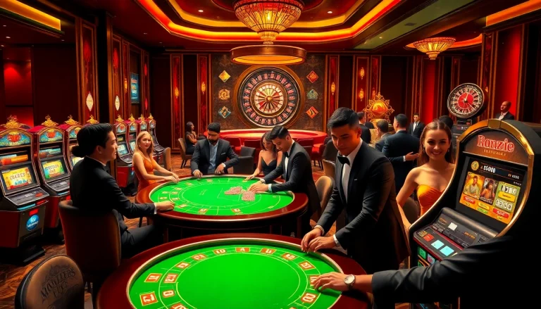 Experience thrilling gameplay at F168 Casino with luxurious tables and vibrant slot machines.