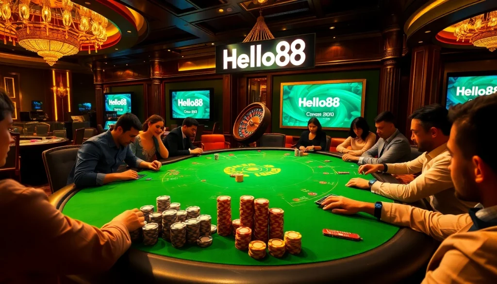 Experience excitement at Hello88 with vibrant casino games, poker chips, and roulette wheels.