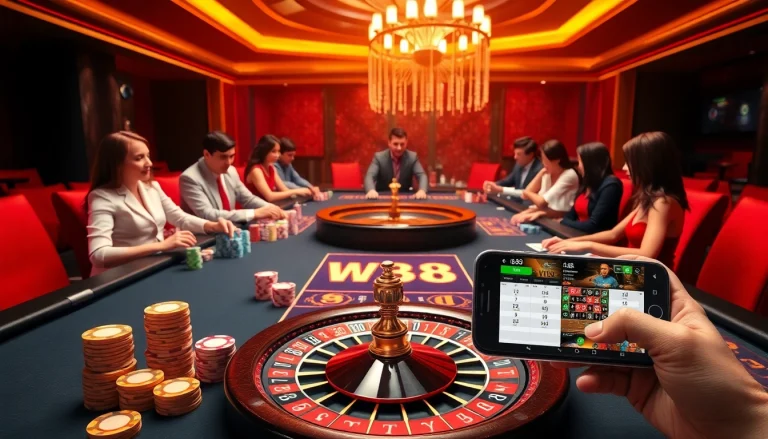 Players engage at the W88 gaming table, celebrating wins with vibrant poker chips in a luxurious casino setting.