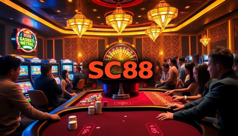 SC88 casino players celebrating at a roulette table amidst vibrant slot machines.