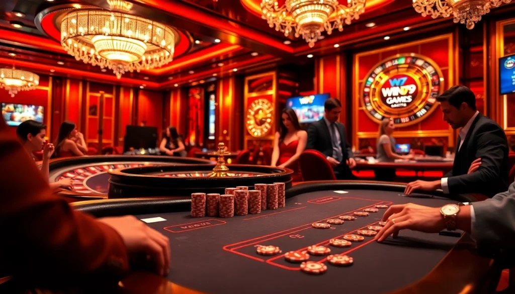 Players enjoying the win79 game bài đổi thưởng at a vibrant casino table, capturing the thrill of gambling.