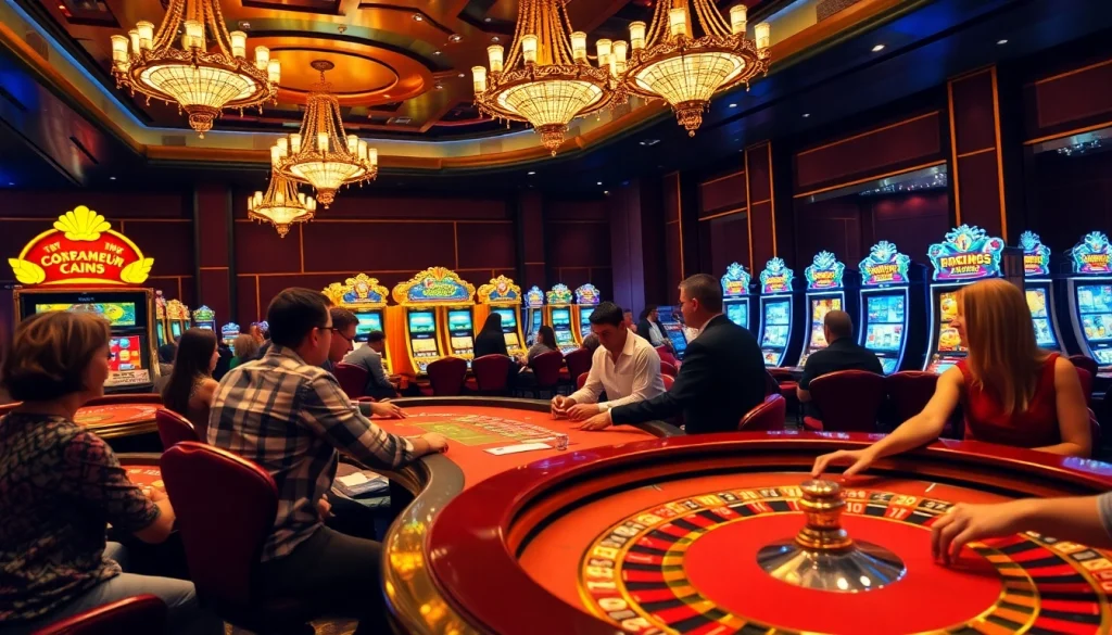 Players enjoying a thrilling gaming experience at Max88 fun casino, surrounded by vibrant slot machines and luxurious decor.