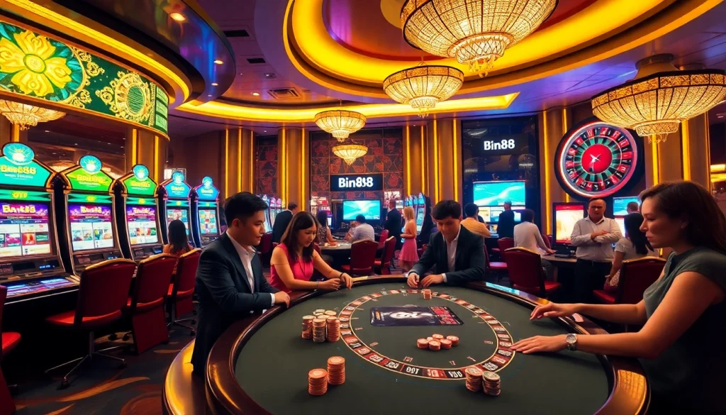 Experience the excitement of Bin88 casino with players enjoying poker and vibrant slot machines.