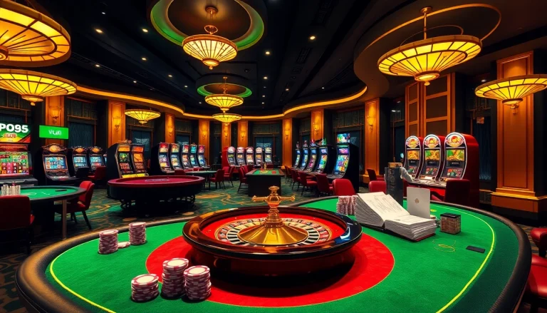 Players enjoying thrilling games at Vua99 casino, featuring vibrant roulette wheels and poker chips.