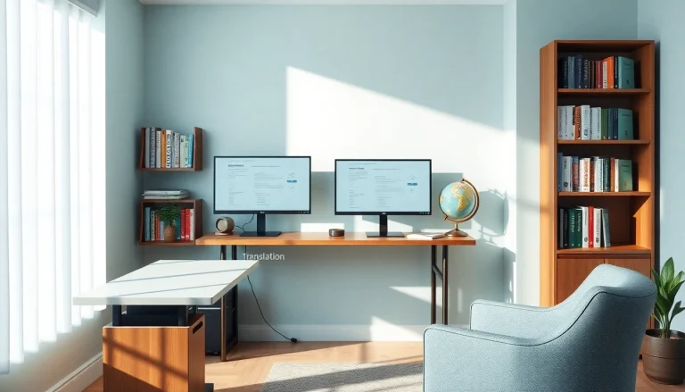 Certified translator's professional office setup with dual monitors and multilingual books.