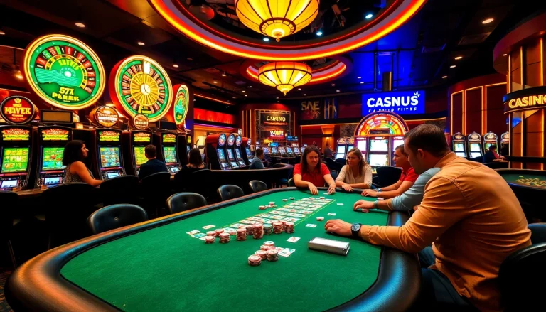 Players excitedly betting at a poker table in an S8-themed luxury casino.