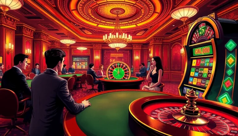 Experience excitement at Go8 casino with players engaged at roulette and poker tables.
