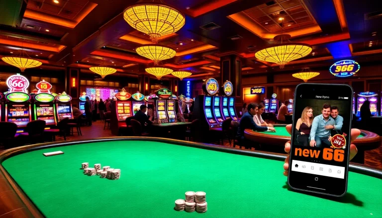 Excited players enjoying casino games at new 66 with vibrant tables and slot machines.