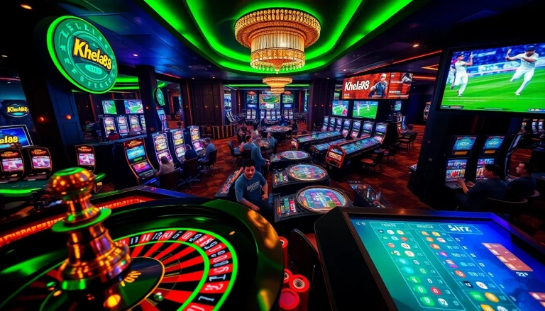 Khela88 players enjoying exciting games at a luxurious casino, surrounded by roulette and slot machines.