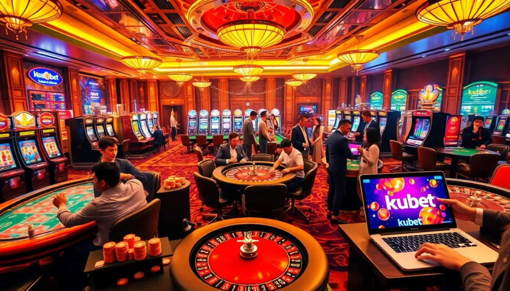 Kubet gaming experience with live casino tables, excited players, and vibrant slot machines in a luxurious setting.