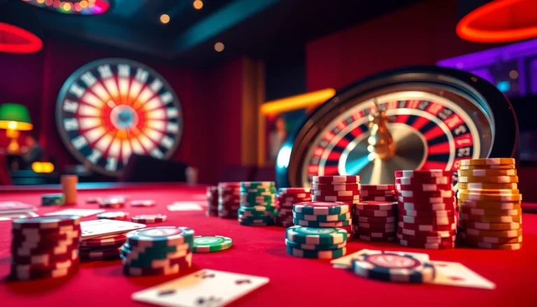 Play exciting casino games with kkwin, featuring vibrant poker chips and roulette wheels for thrilling entertainment.