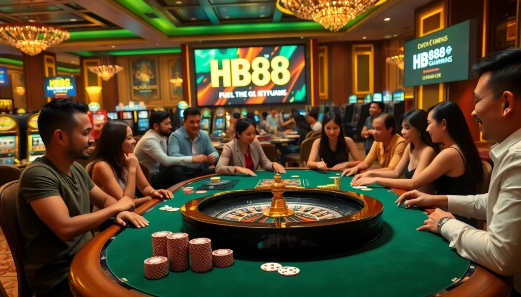 Experience thrilling gaming at HB88 with vibrant casino tables and happy players enjoying their bets.