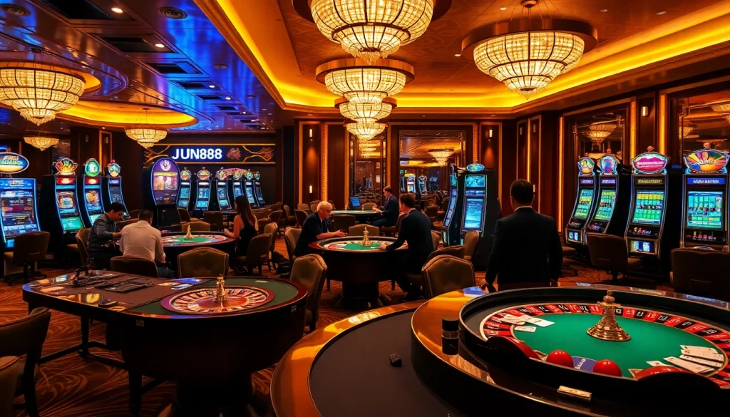 View of an exciting JUN88 casino with poker tables, slot machines, and vibrant decorations.