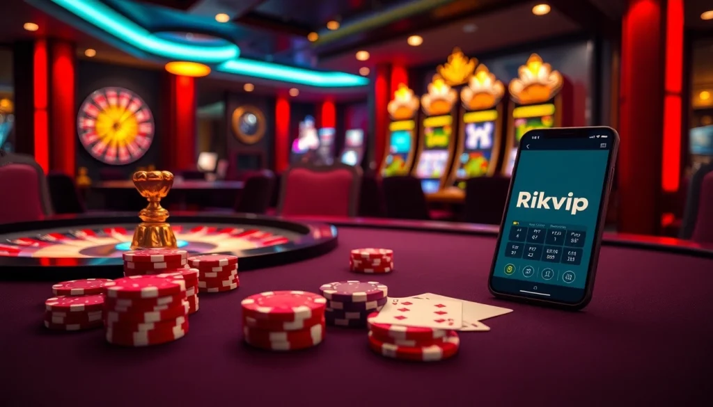 Experience the thrill of gambling with Rikvip at a luxurious poker table and vibrant slot machines.
