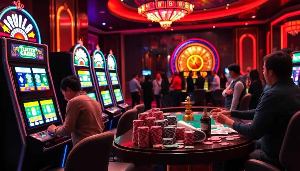 Fly88 players enjoying vibrant slot machines and thrilling casino games.