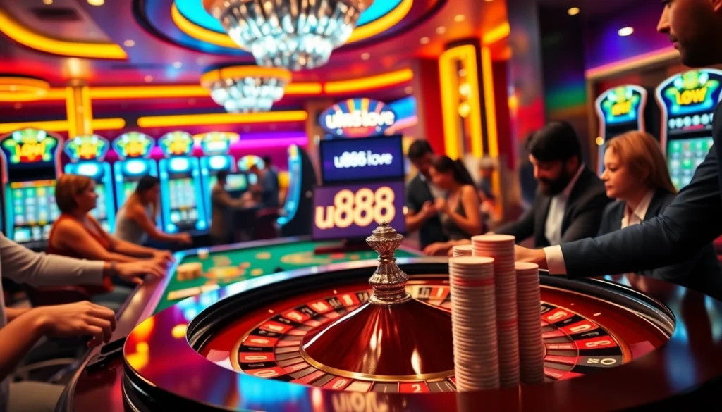 Engaging scene of players enjoying u888 love at an upscale casino table with vibrant decor.