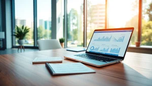 Modern office scene with financial charts emphasizing BOX138 success