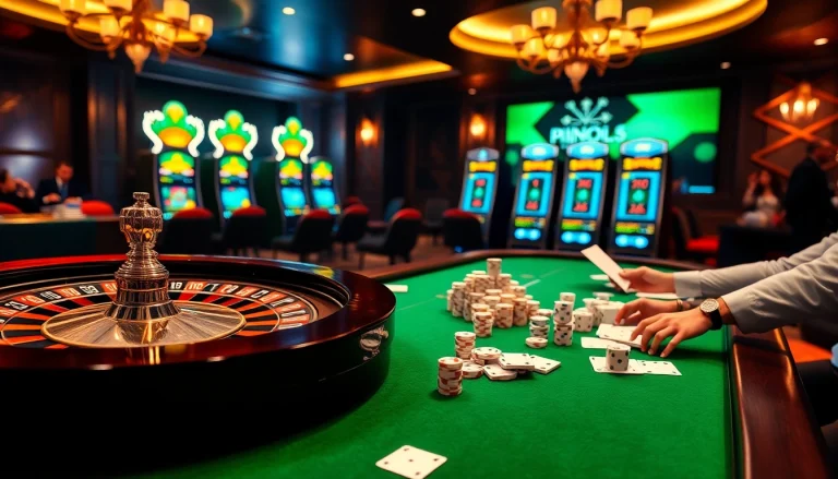 Exciting MMOO casino experience with players at the roulette table and poker chips.