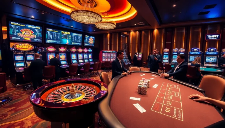 Exciting THABET casino scene with roulette wheel, slot machines, and poker action.