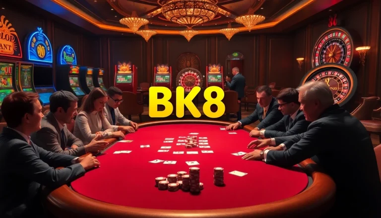 Players engage in intense poker gameplay at a luxurious BK8 casino table, showcasing excitement and strategy.