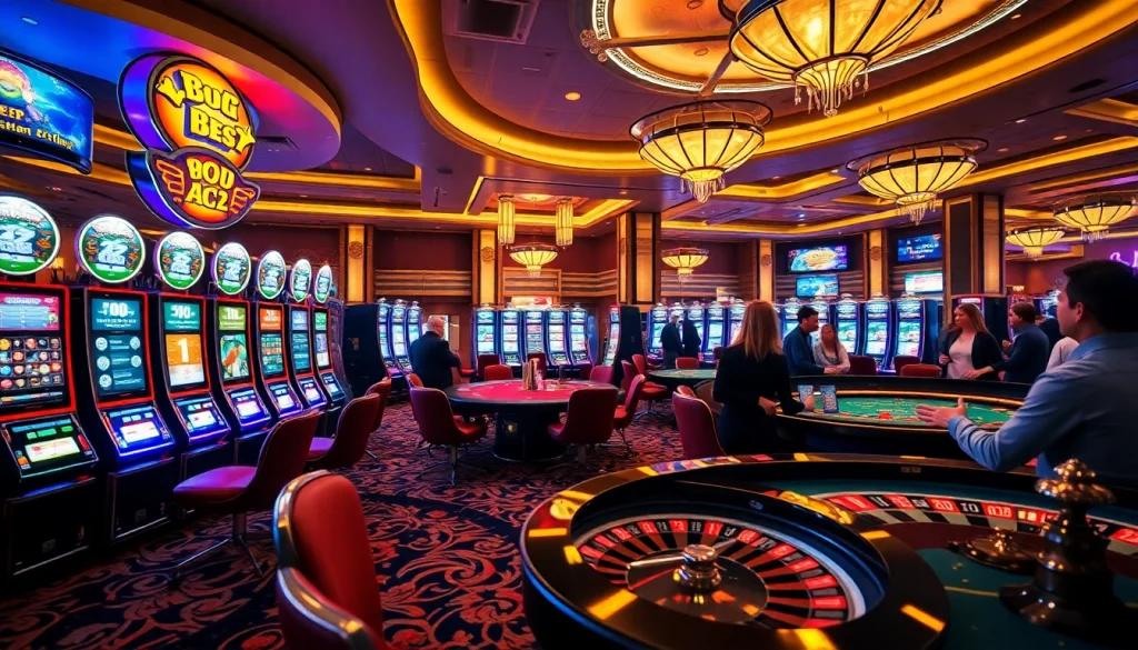 Engage in thrilling gaming experiences at https://kjc.marketing/ with vibrant casino elements including poker tables and slot machines.