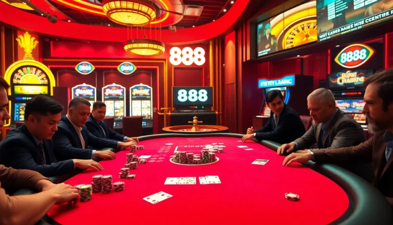Players strategizing over poker chips at a glamorous casino table, highlighting the excitement of 888b gaming.