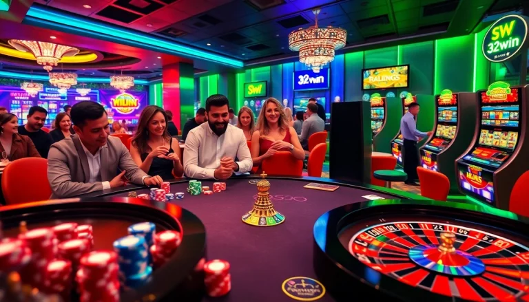 Players engaging in thrilling games at the luxurious 32win online casino, showcasing vibrant poker chips and roulette.