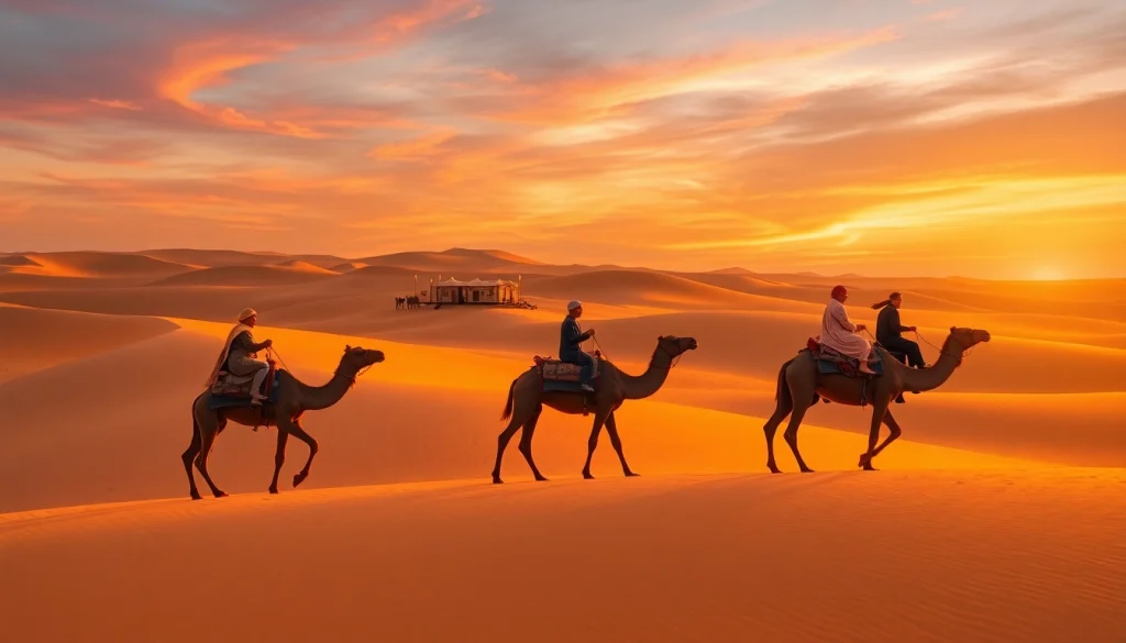 Agafay desert camel ride and dinner with a show at sunset, showcasing camels traversing golden dunes.