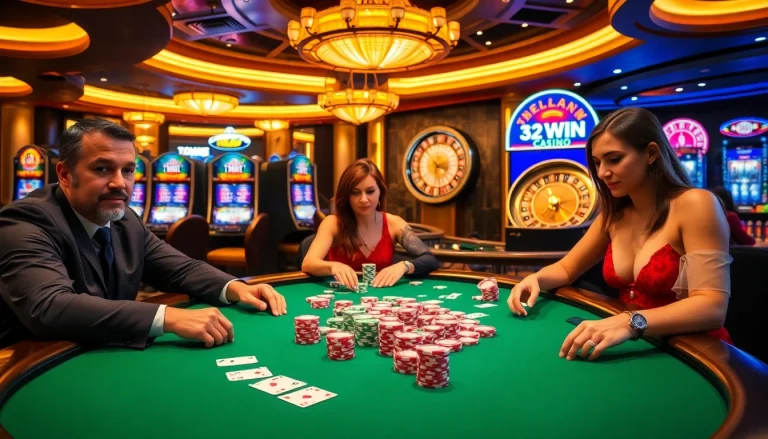 Players at the 32WIN casino fully engaged in an exciting poker game with colorful chips and cards.