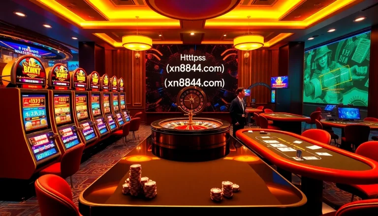 Players enjoying the excitement of live casino action at https://xn8844.com/ with vibrant slot machines and roulette wheels.