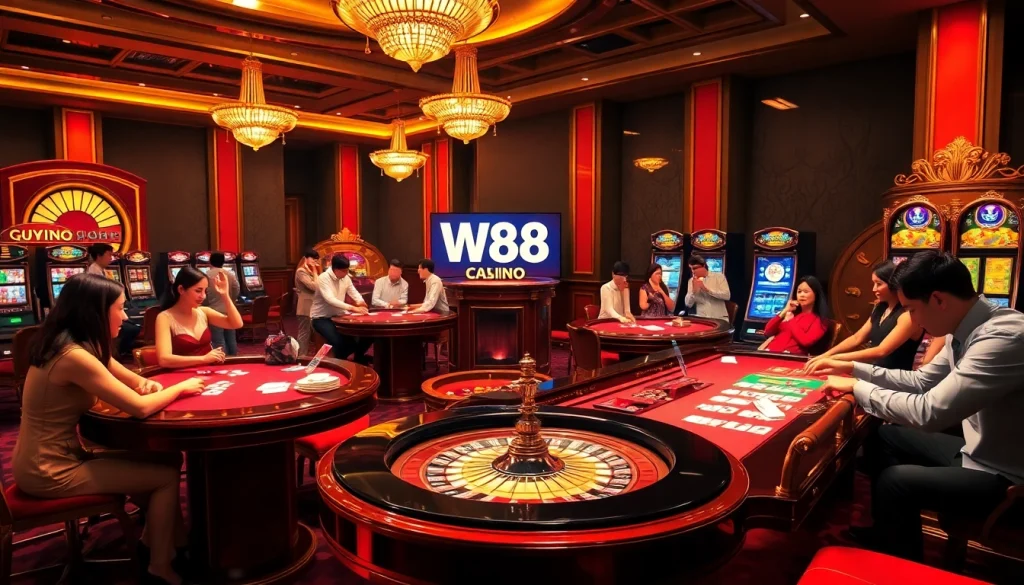 Excited players enjoying W88's luxurious gambling experience at a dazzling casino table.