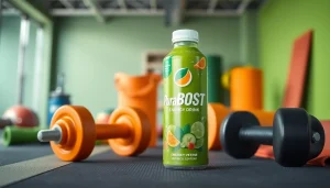 Puraboost energy drink showcased in an active fitness setting with vibrant colors and athletic props.