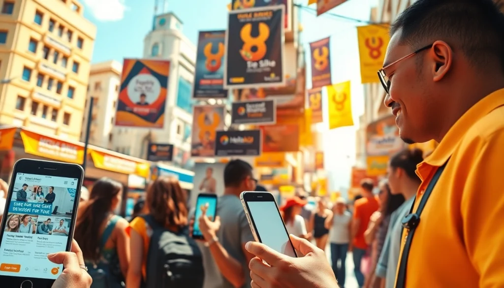 Hela Ad services showcased in a bustling marketplace, displaying various advertisements.