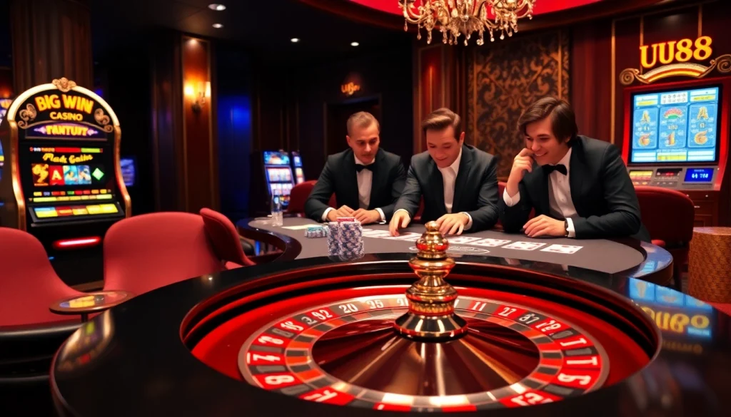 Winning at uu88 with excitement at a luxurious casino table featuring roulette and poker.
