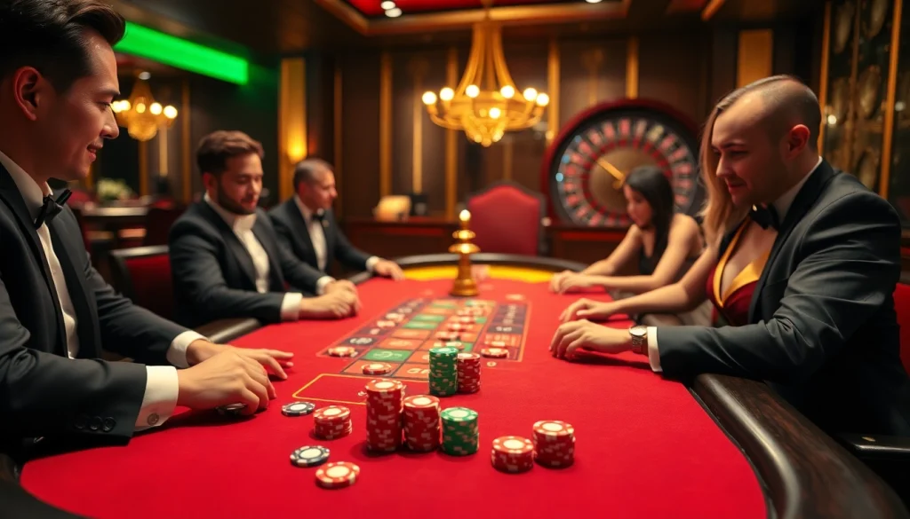 Experience a thrilling poker game at HM88 with vibrant chips and cards in a luxury casino setting.