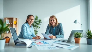 Księgowy świadczący usługi księgowości dla firm w nowoczesnym biurze.