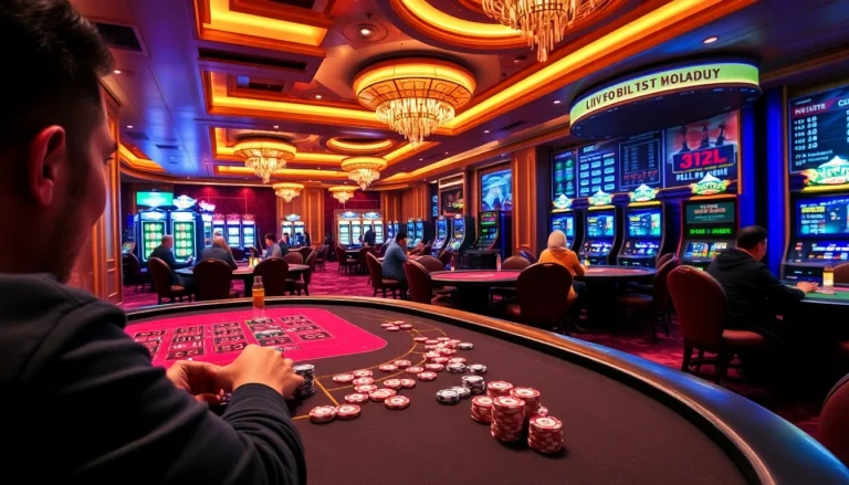 A dynamic gaming scene at 33win featuring players at casino tables with poker chips and cards.