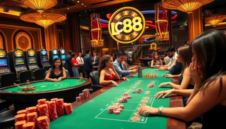 LC88 casino scene featuring engaged gamblers at poker tables and vibrant slot machines