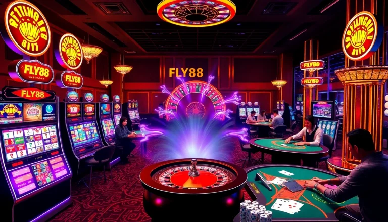 Fly88 gaming experience featuring vibrant slot machines and strategic poker tables in a luxurious casino setting.