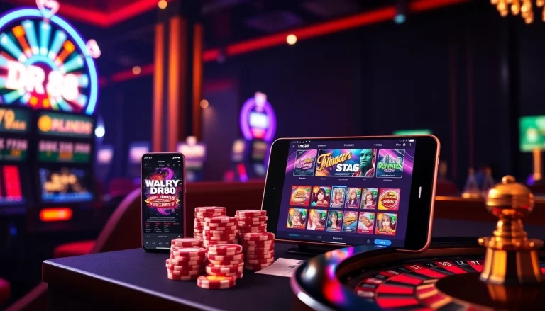 Experience the excitement of DR88 with vibrant casino visuals, including slot machines and poker chips.