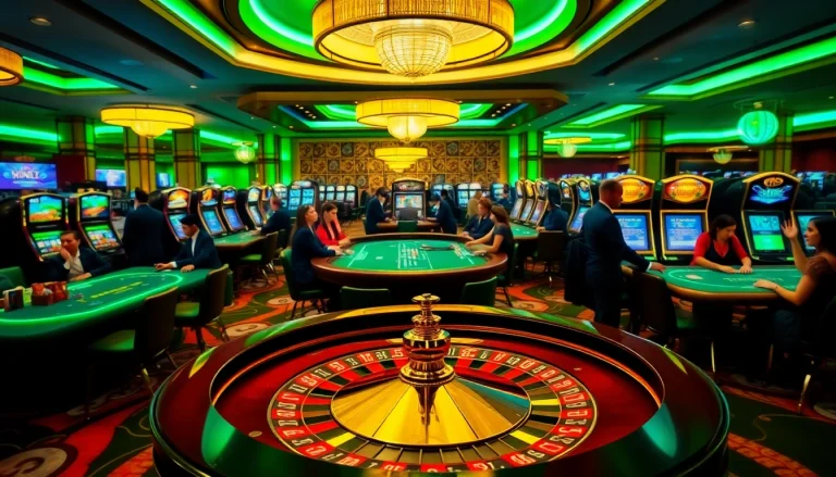 KJC gamblers enjoying a lively game of roulette in an upscale casino environment.