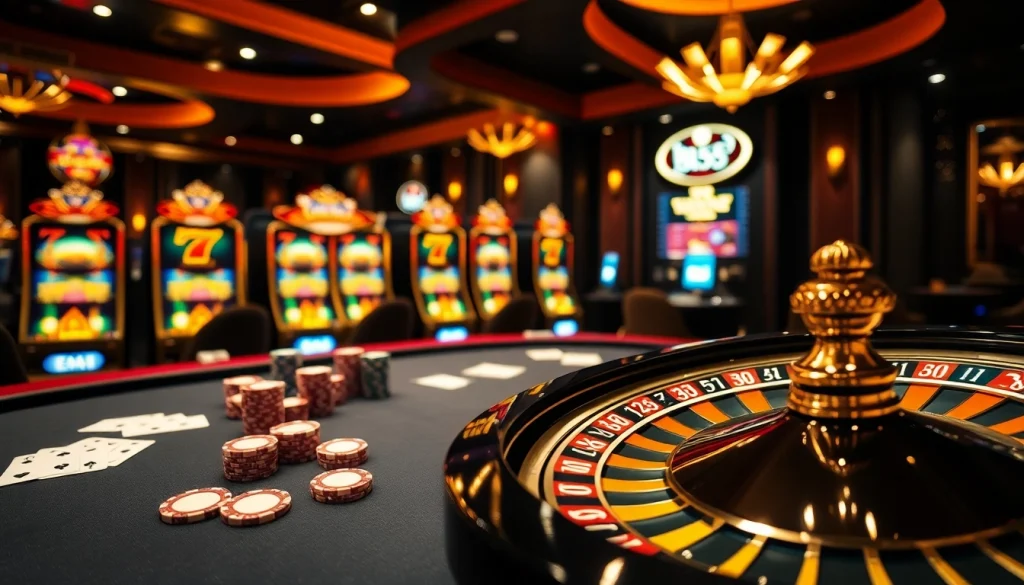 Engaging scene of high-stakes poker at Bl555 casino, featuring vibrant slot machines and a roulette wheel.