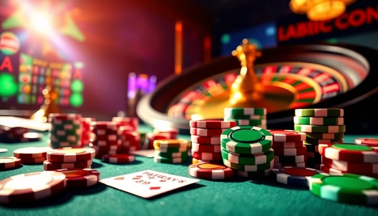 Engage with the LC88 LINK platform featuring vibrant casino elements like poker chips and roulette.