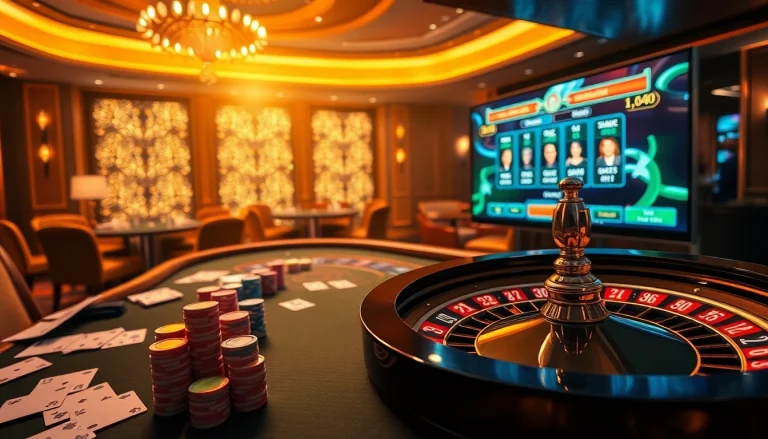 Experience thrilling gameplay at Sky88 US with vibrant casino visuals including cards and roulette wheels.