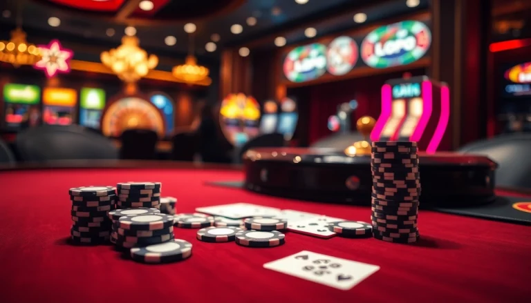 High-stakes poker gameplay ambiance showcasing luxury gaming elements at https://kjc.uk.com/ with vibrant poker chips and cards.