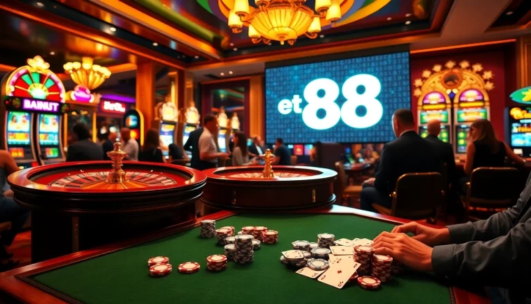 Players excitedly placing bets at a vibrant casino with bet 88 prominently featured.