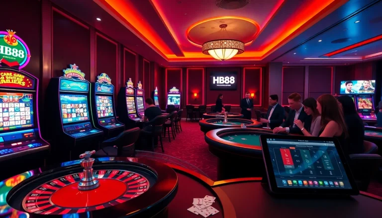 Experience thrilling HB88 gaming action with vibrant slot machines, poker tables, and roulette wheels.